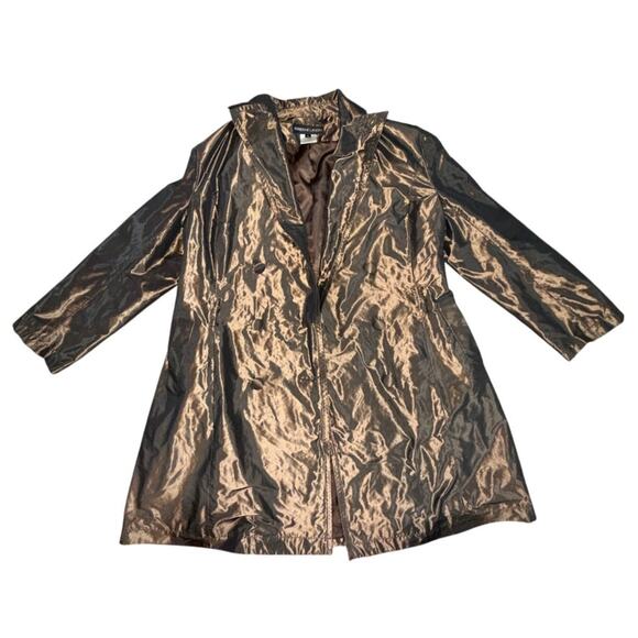 Vtg 90s Adrienne Landau Brown Iridescent Double Breasted Trench Coat Sz L - Picture 4 of 6